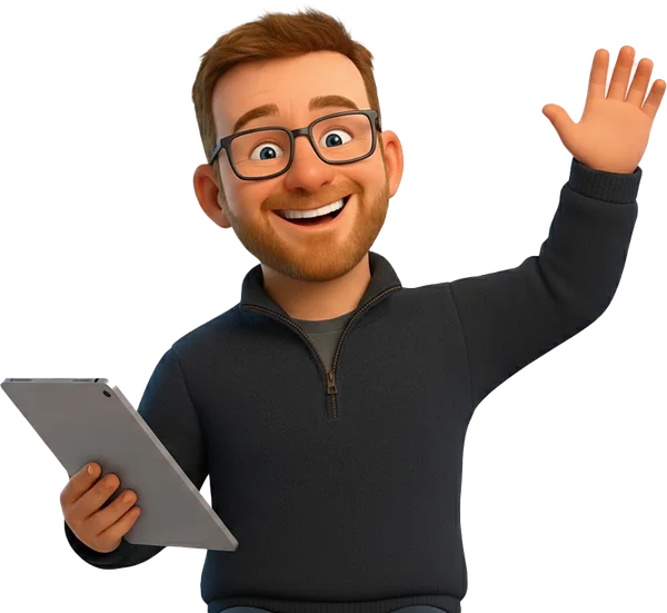 Cartoon Shaun waving, holding a tablet
