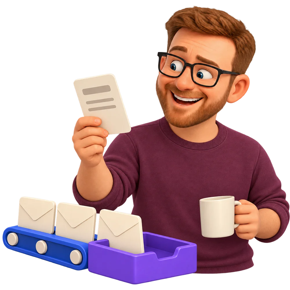 Shaun checking a card while routine paperwork moves into a tray