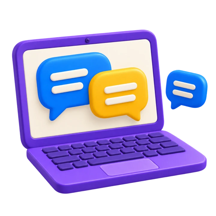 A violet laptop with colourful conversation bubbles