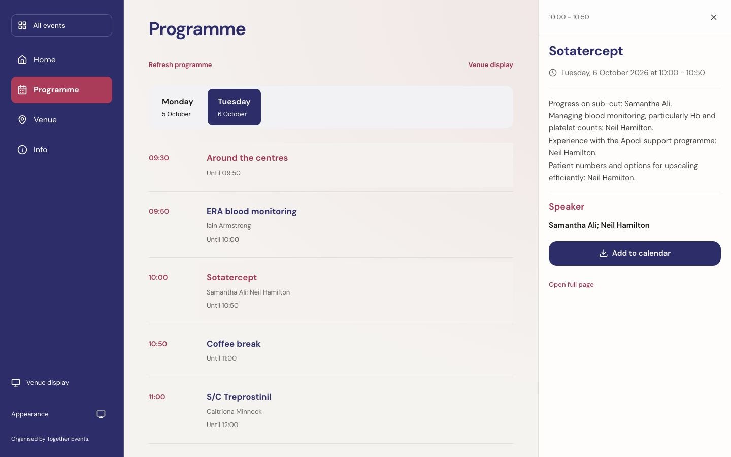 Together Events: Desktop: keep the programme in view